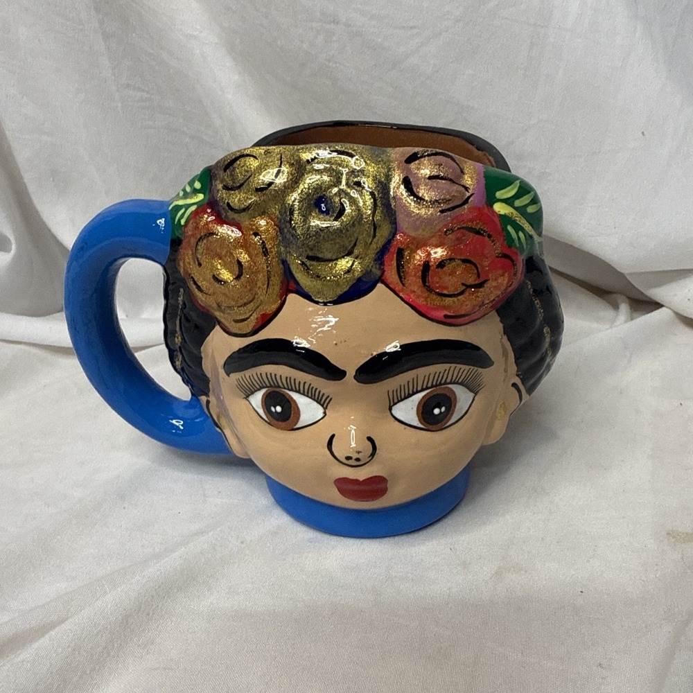 Frida Kahlo Hand Painted 3D Figural Pottery Coffee Mug Souvenir Mexico Glitter